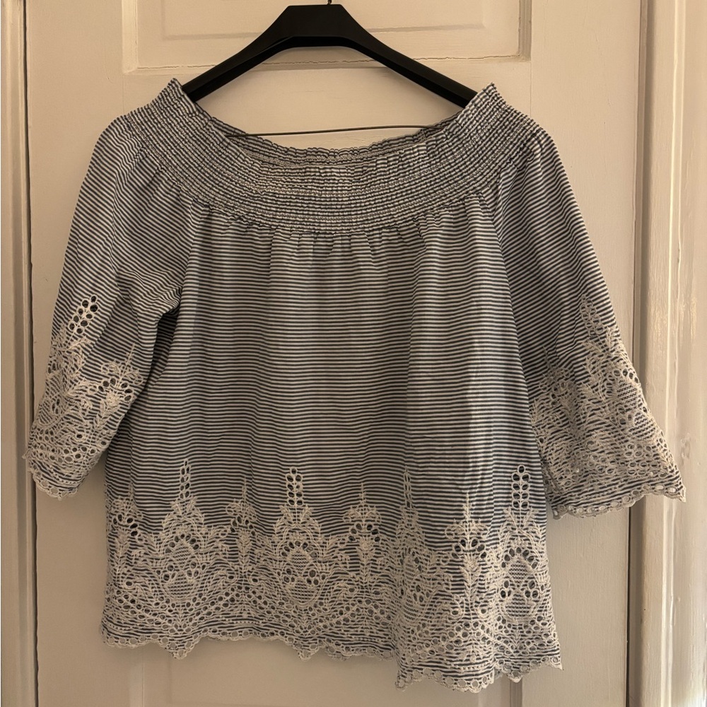Tribal Navy Striped Blouse with Ivory Lace